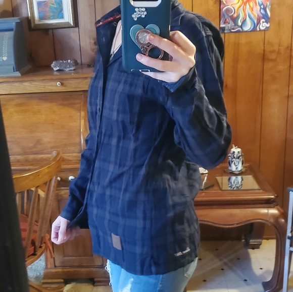 Indian Motorcycle navy blue gray and black plaid button down longsleeve shirt. - Picture 8 of 16